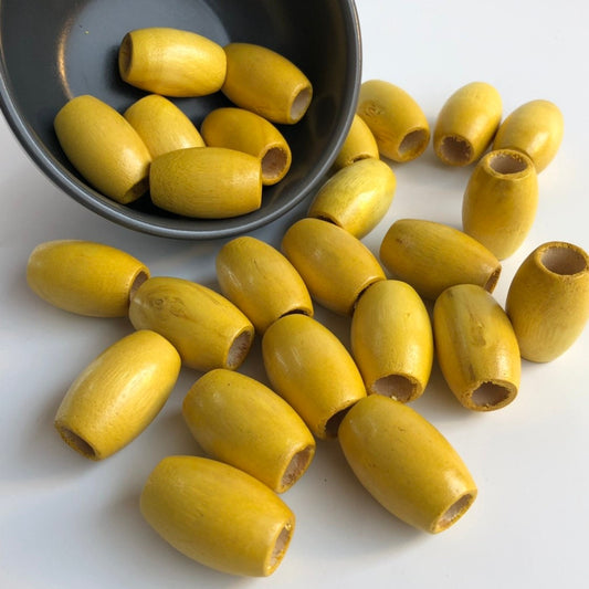 Big macrame beads, 30x20mm yellow large 10mm hole wood beads, big hole beads, oval drum shape macrame beads