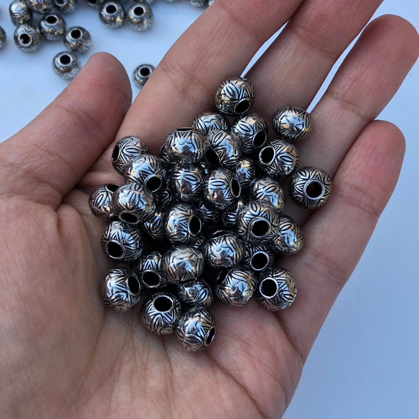 50X Silver Macrame Beads, 10x8mm Hair Pony Bead, Geometric Pattern Acrylic Craft Jewellery Making Bead