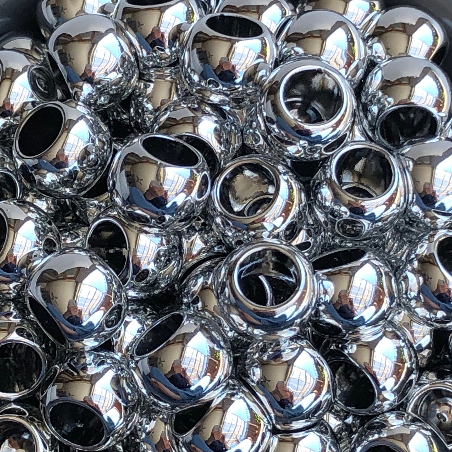 20 Shiny Silver Macrame Beads, 14mm Pony Bead, 7mm hole, Seamless Acrylic Craft Jewellery Making Bead