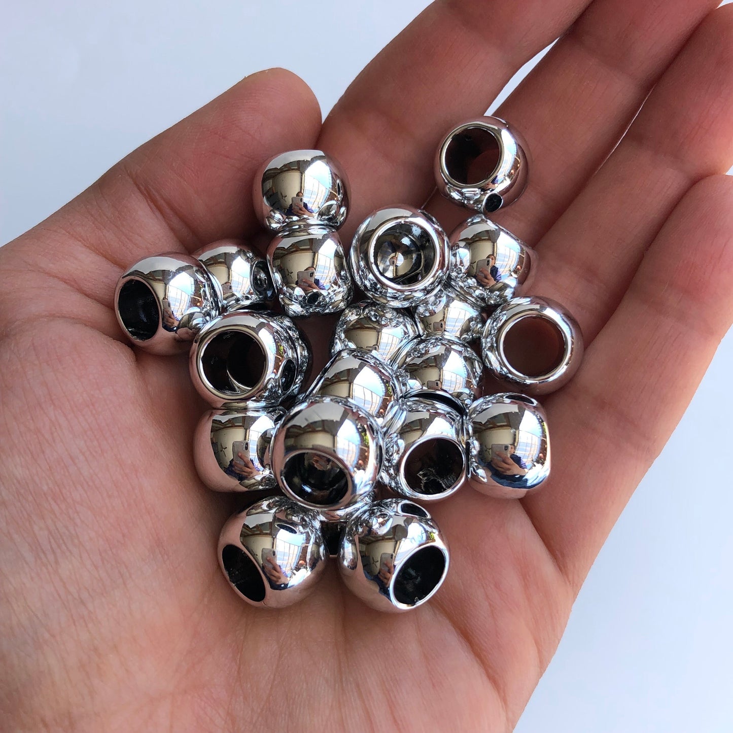 20 Shiny Silver Macrame Beads, 14mm Pony Bead, 7mm hole, Seamless Acrylic Craft Jewellery Making Bead