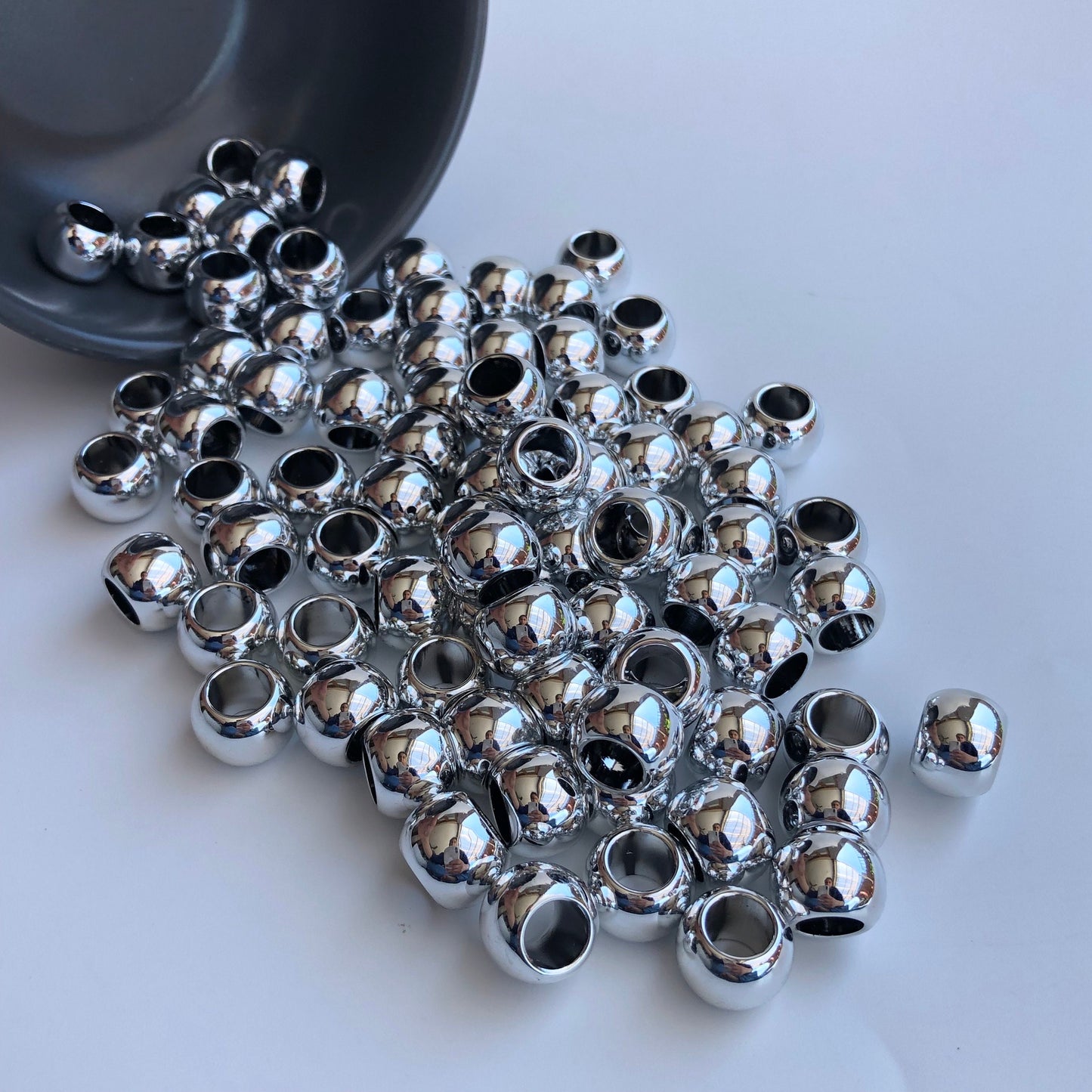 20 Shiny Silver Macrame Beads, 14mm Pony Bead, 7mm hole, Seamless Acrylic Craft Jewellery Making Bead