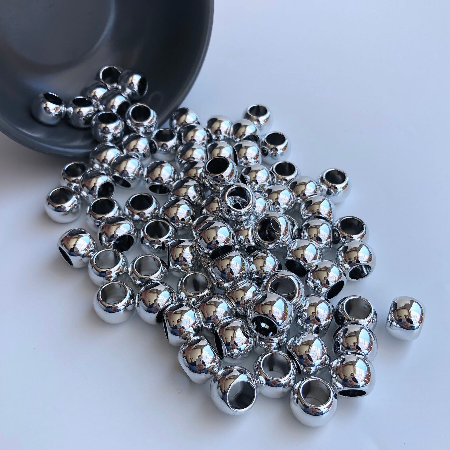 20 Shiny Silver Macrame Beads, 14mm Pony Bead, 7mm hole, Seamless Acrylic Craft Jewellery Making Bead