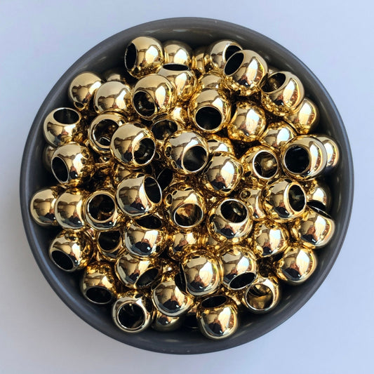 20 Shiny Gold Macrame Beads, 14mm Pony Bead, 7mm hole, Seamless Acrylic Craft Jewellery Making Bead