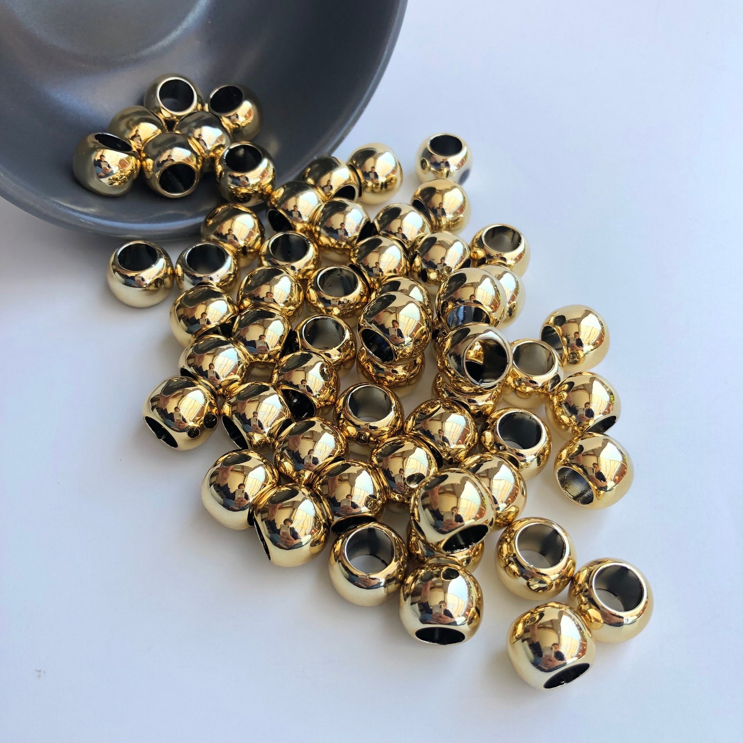 20 Shiny Gold Macrame Beads, 14mm Pony Bead, 7mm hole, Seamless Acrylic Craft Jewellery Making Bead