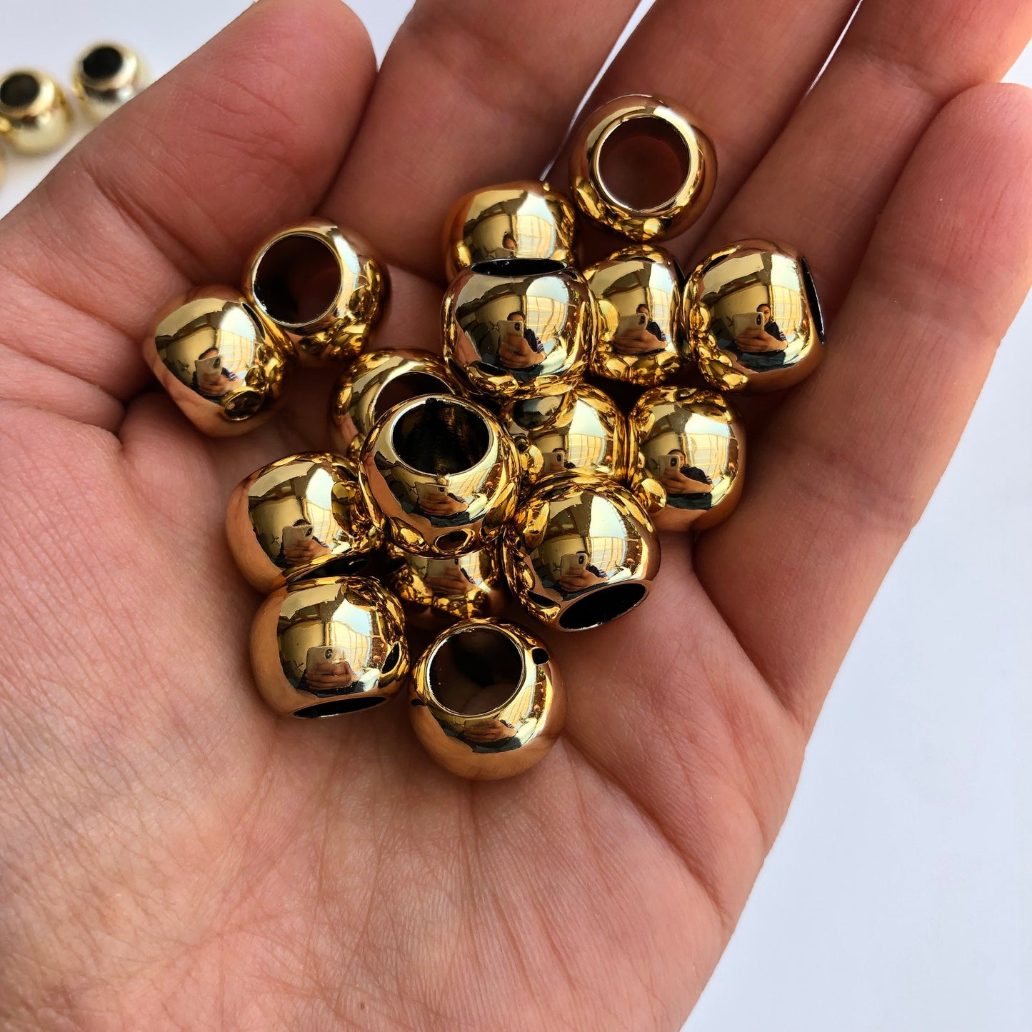 20 Shiny Gold Macrame Beads, 14mm Pony Bead, 7mm hole, Seamless Acrylic Craft Jewellery Making Bead