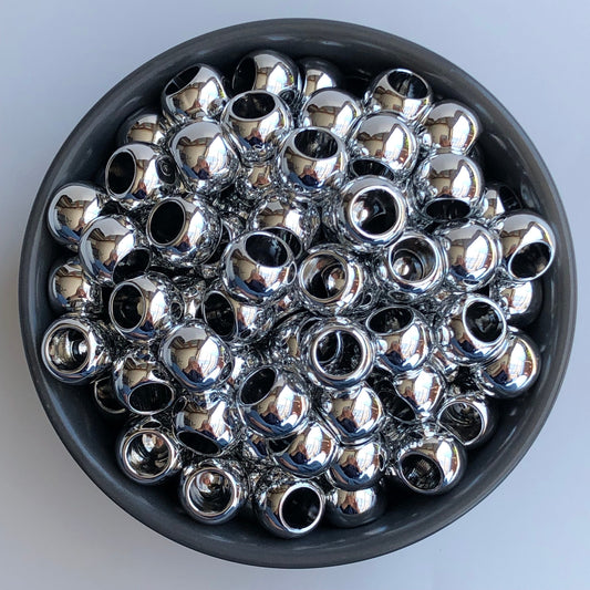 20 Shiny Silver Macrame Beads, 14mm Pony Bead, 7mm hole, Seamless Acrylic Craft Jewellery Making Bead