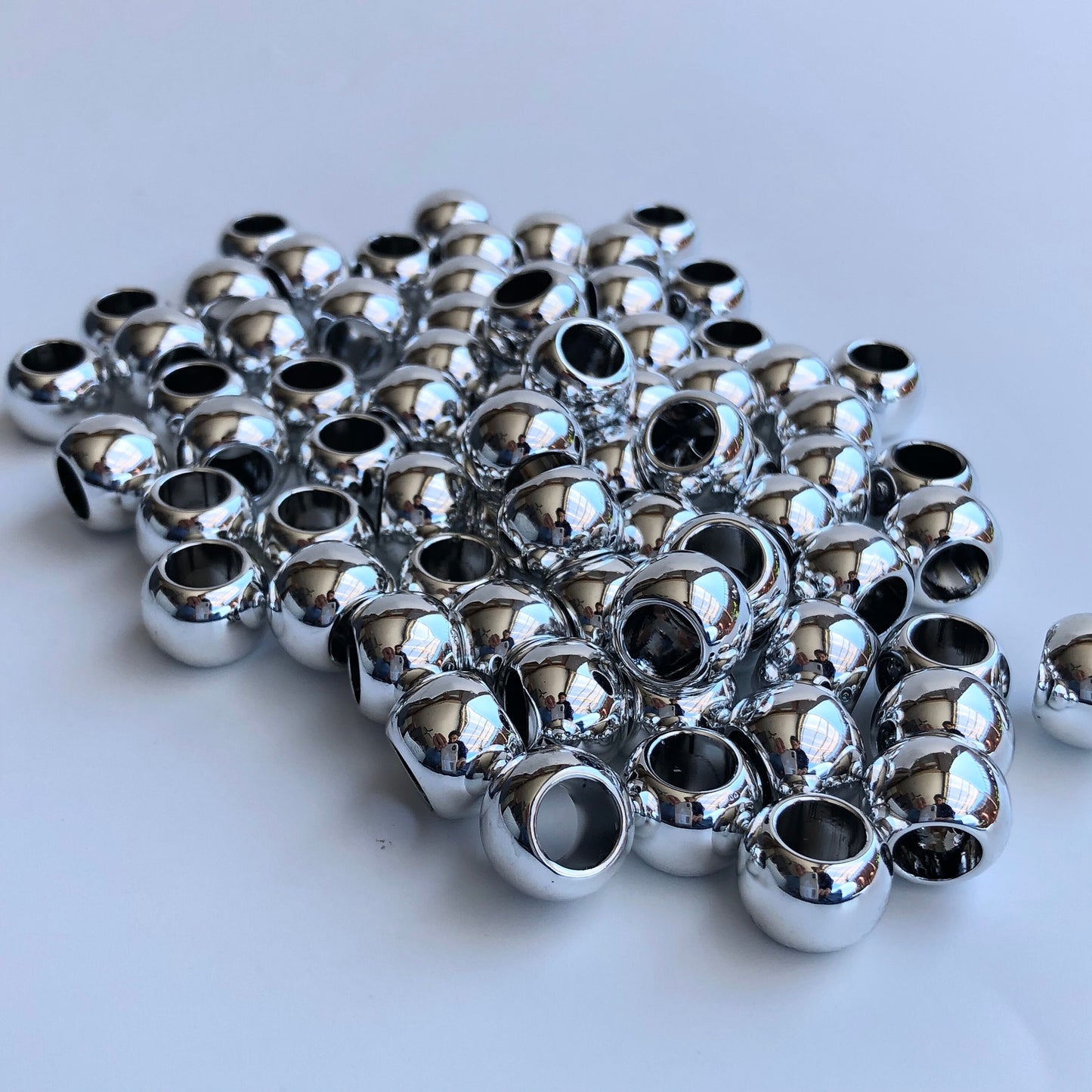 20 Shiny Silver Macrame Beads, 14mm Pony Bead, 7mm hole, Seamless Acrylic Craft Jewellery Making Bead