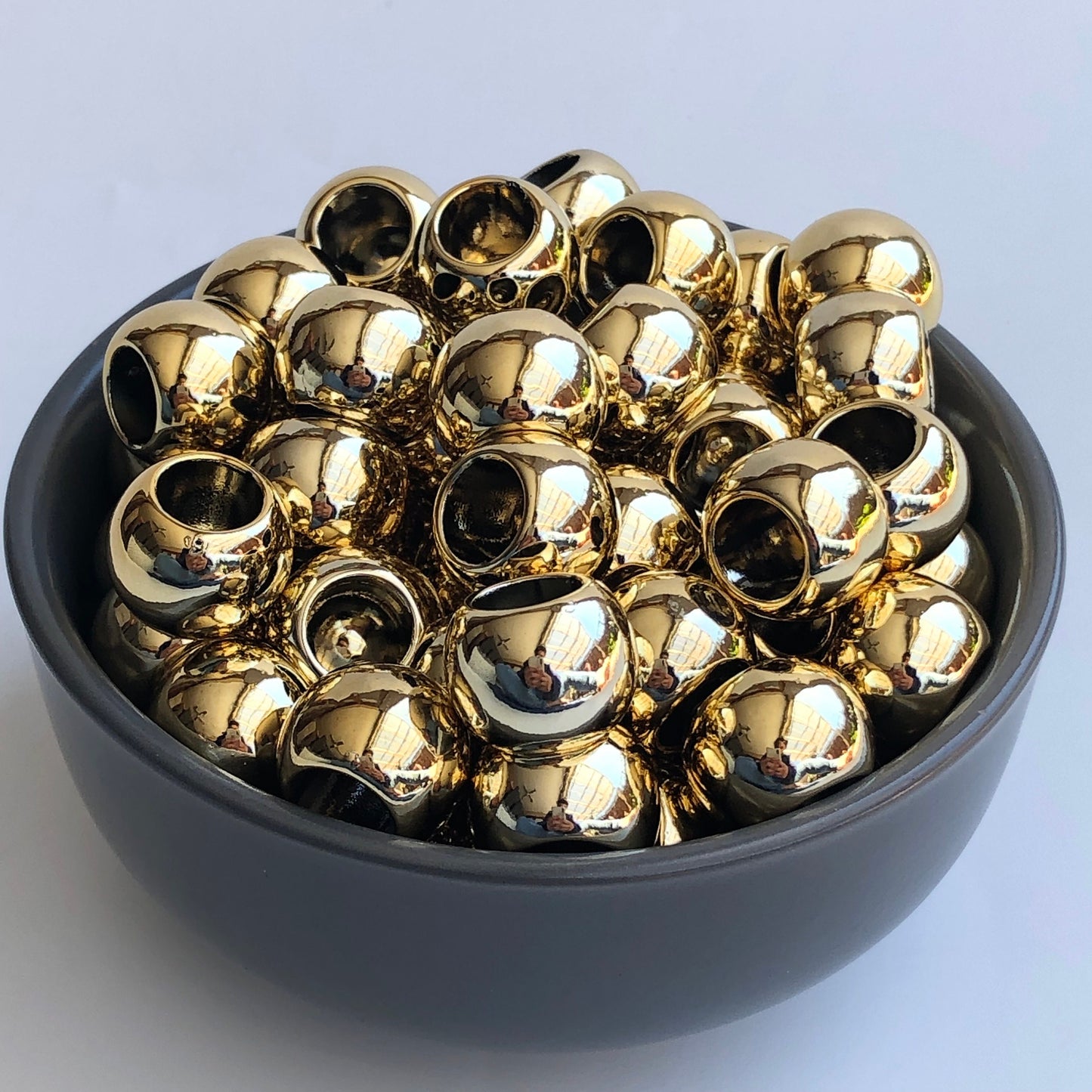 Shiny Gold Macrame Beads, 17mm x 13mm Hair Pony Bead, Seamless Acrylic Jewellery Making Craft Bead, 9mm Big Hole Beads - 12pcs