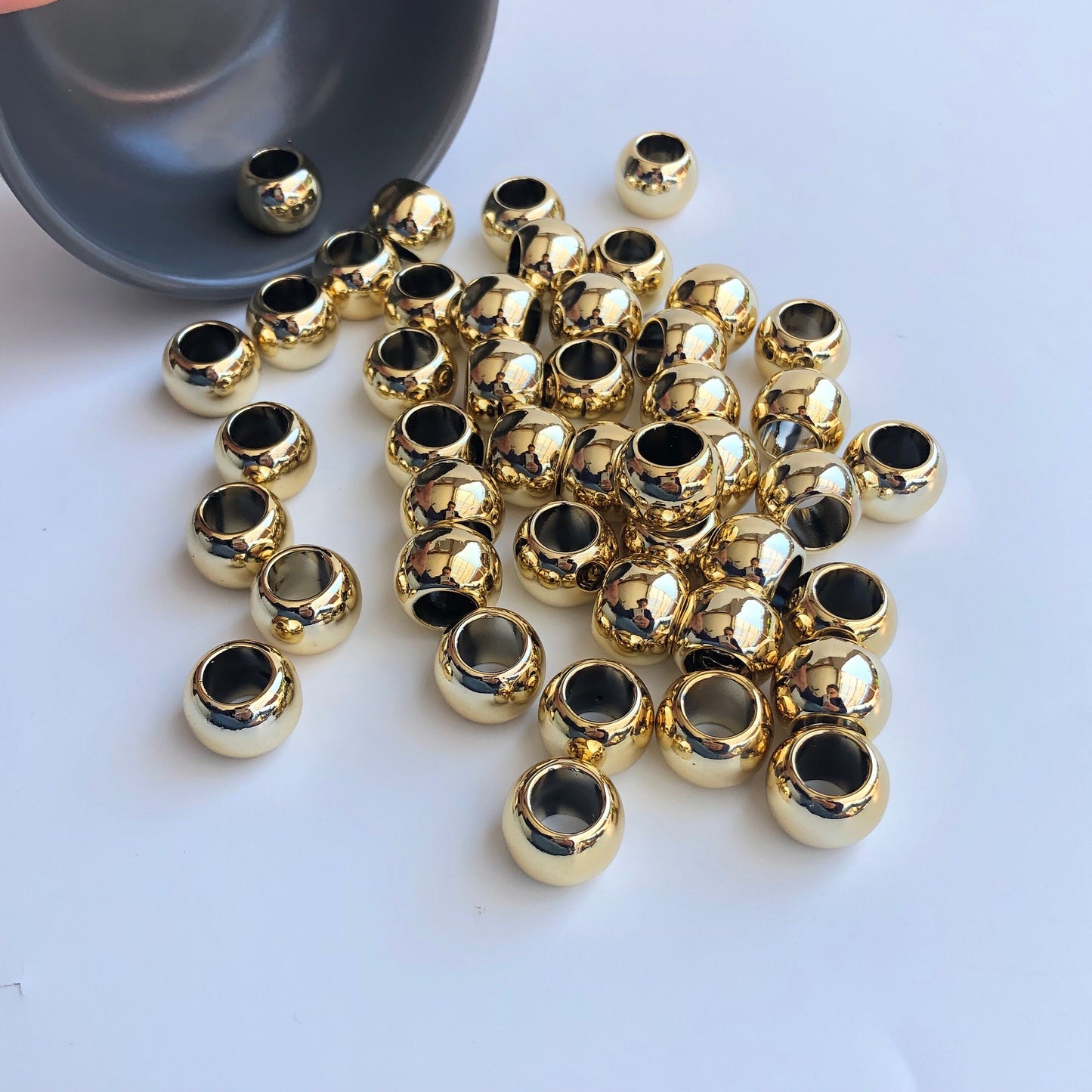 Shiny Gold Macrame Beads, 17mm x 13mm Hair Pony Bead, Seamless Acrylic Jewellery Making Craft Bead, 9mm Big Hole Beads - 12pcs