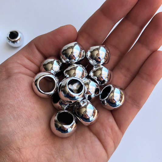 Shiny Silver Macrame Beads, 17mm Hair Pony Bead, Seamless Acrylic Jewellery Making Craft Bead, 9mm Big Hole Bead - 12pcs