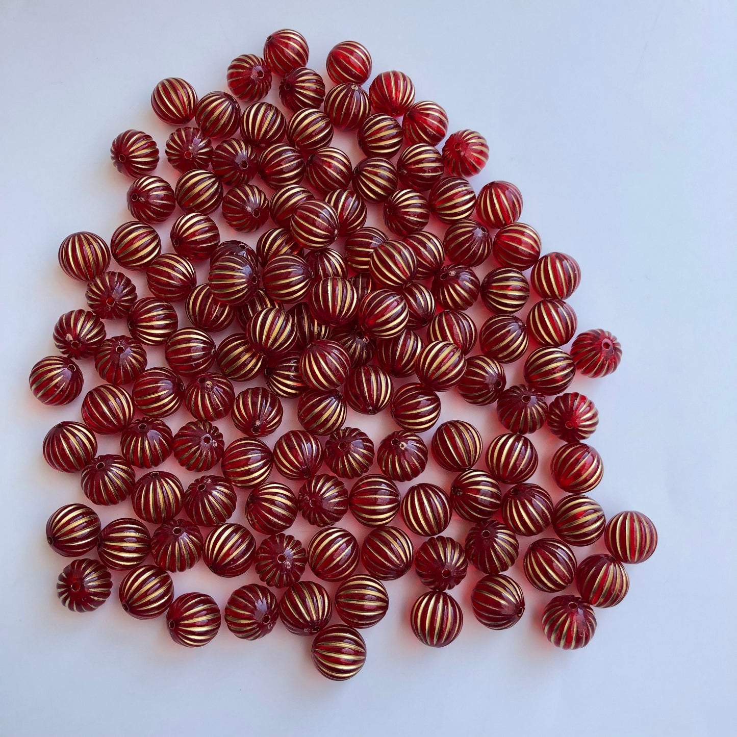 12mm Round Frosted Bead, Red Gold Stripe Beads, Fire Red Corrugated Pumpkin Bead, Jewellery Making Beading Crafts - 20pcs