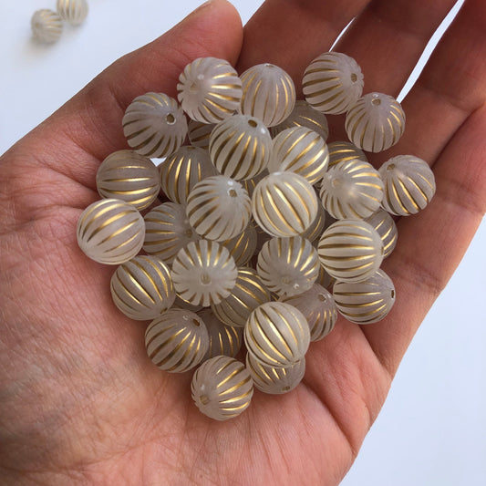 12mm Round Frosted Bead, Clear Gold Stripe Beads, White Corrugated Pumpkin Bead, Jewellery Making Beading Crafts - 20pcs