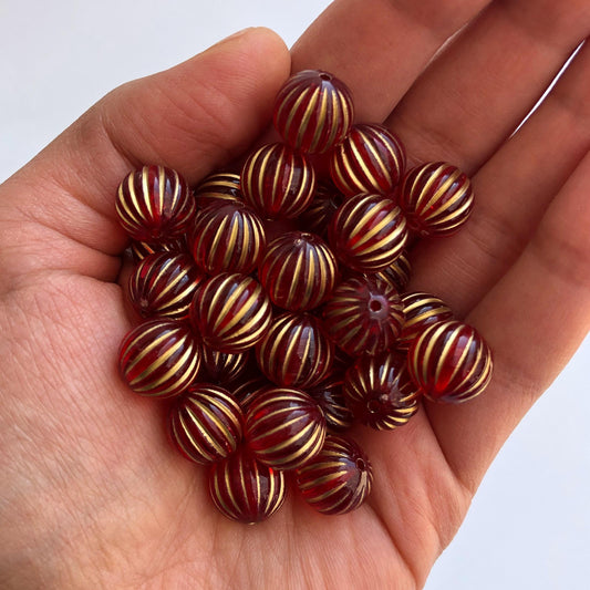12mm Round Frosted Bead, Red Gold Stripe Beads, Fire Red Corrugated Pumpkin Bead, Jewellery Making Beading Crafts - 20pcs