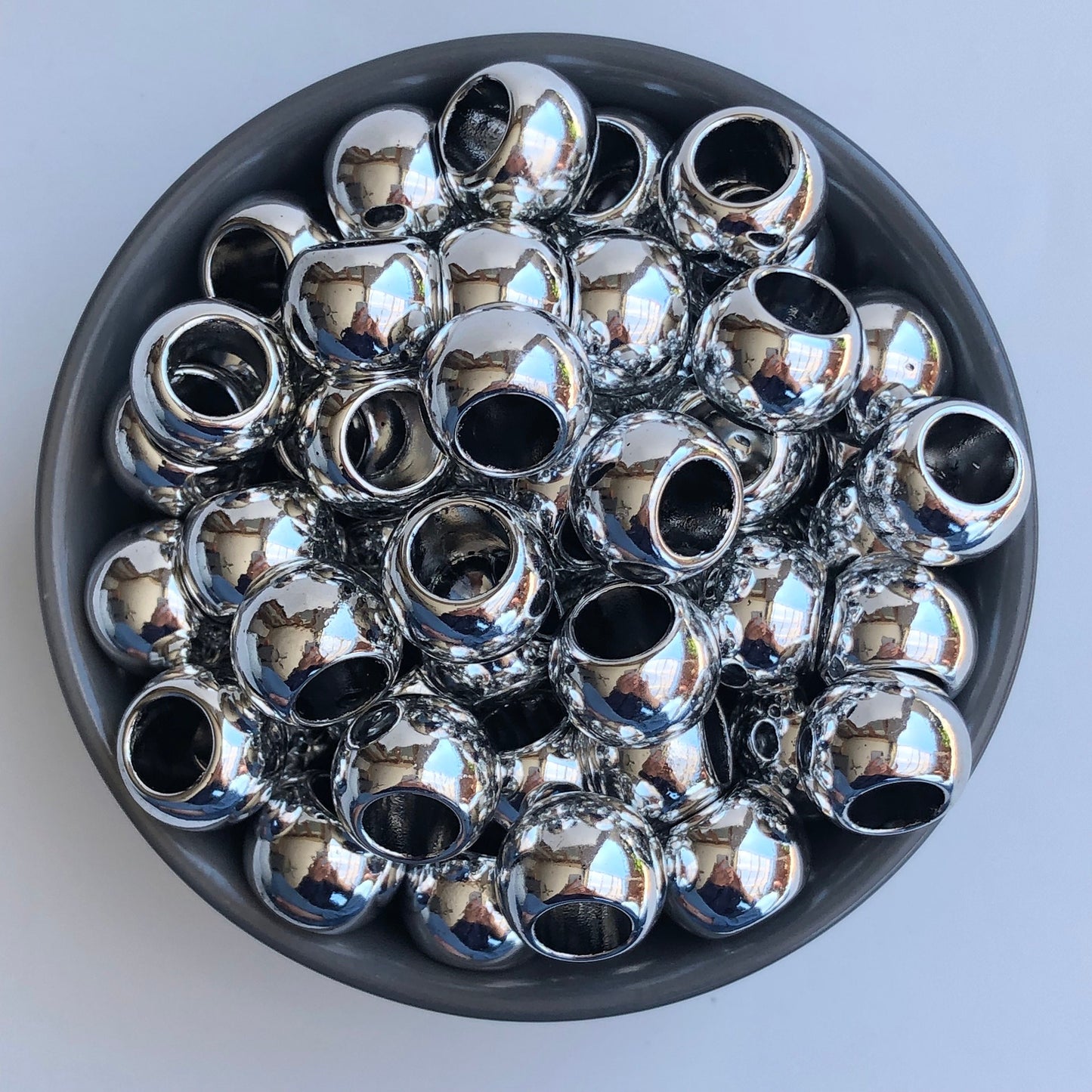 Shiny Silver Macrame Beads, 17mm Hair Pony Bead, Seamless Acrylic Jewellery Making Craft Bead, 9mm Big Hole Bead - 12pcs
