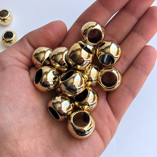 Shiny Gold Macrame Beads, 17mm x 13mm Hair Pony Bead, Seamless Acrylic Jewellery Making Craft Bead, 9mm Big Hole Beads - 12pcs