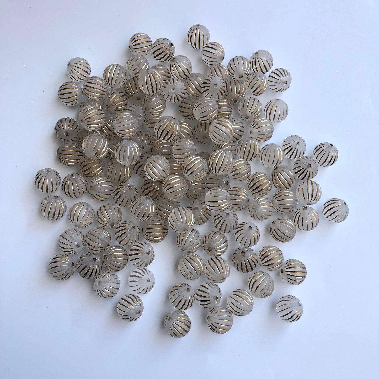 12mm Round Frosted Bead, Clear Gold Stripe Beads, White Corrugated Pumpkin Bead, Jewellery Making Beading Crafts - 20pcs