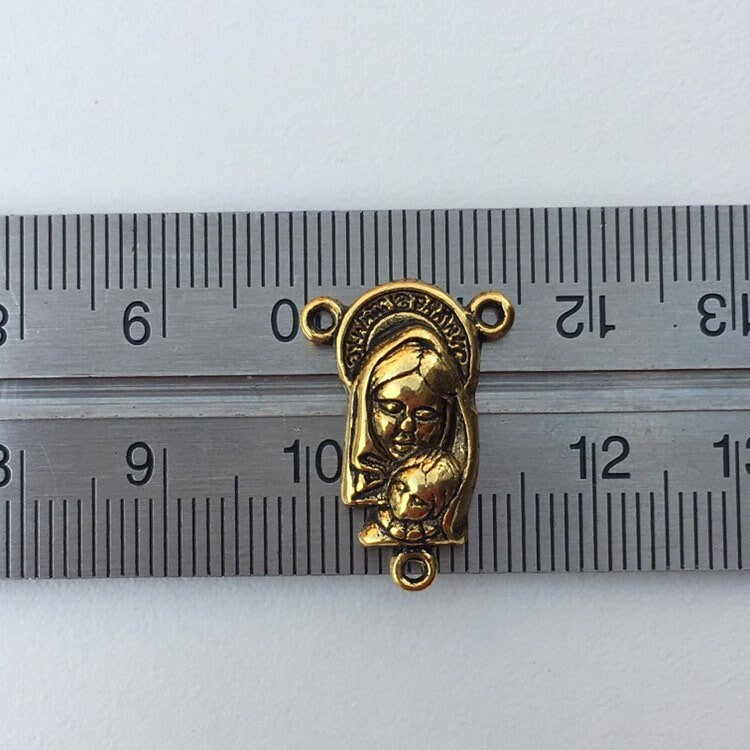 Set of 2 Rosary Charm Connectors/ Antique Gold Virgin Mary Pendant 22x15mm Three Hole Pendants