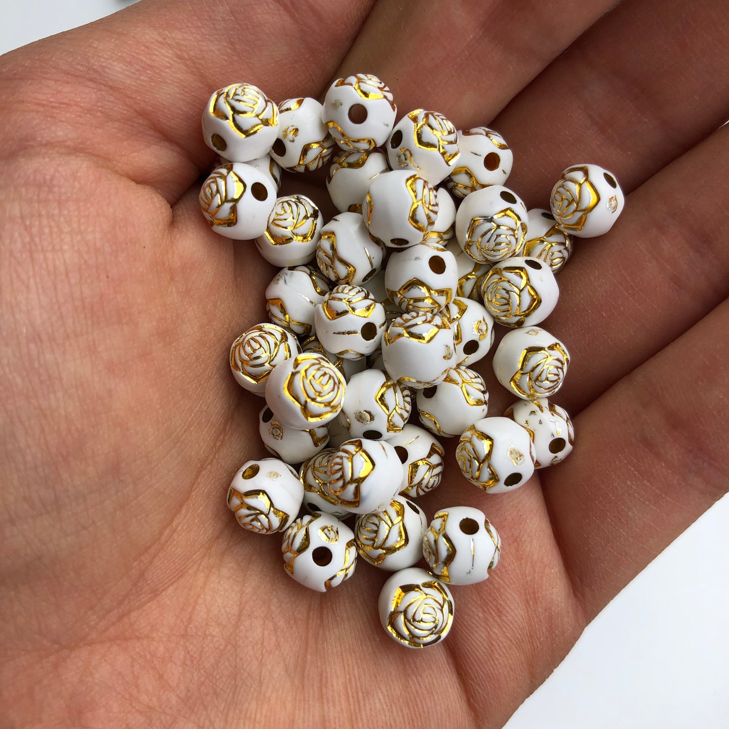 White Gold Plastic Beads 8mm Round Floral Flower Pattern Craft Beads 100 Pieces