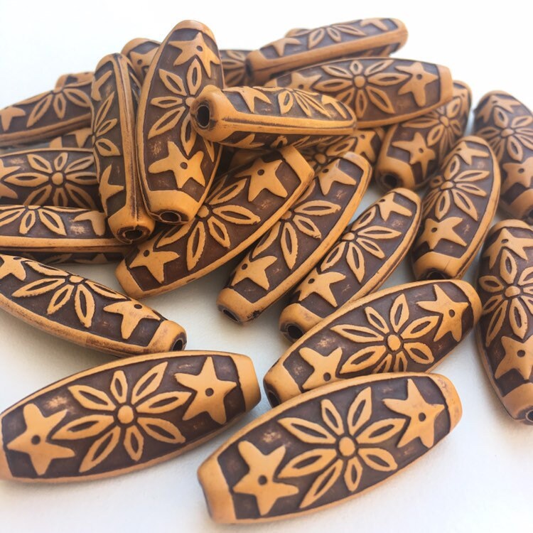 Tan Brown Plastic Boho Bead 35x14mm Oval DIY Necklace Making Bead 20 Pieces