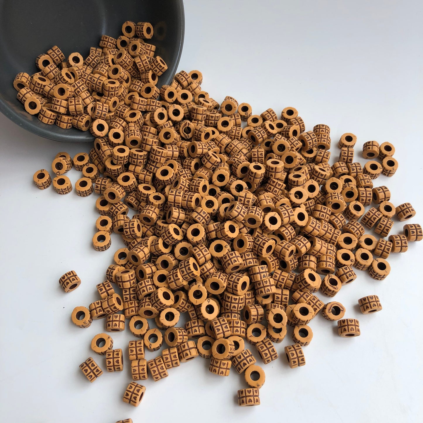 Tan Brown Plastic Beads 8x6mm Tube Love Heart Pattern Craft Bead 100 Pieces