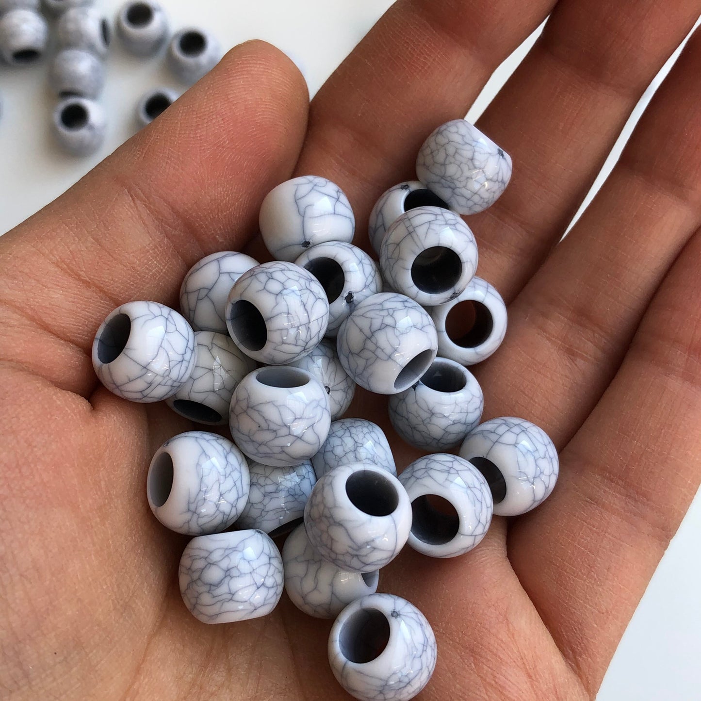 White Marble Pattern Macrame Resin Bead 10mm Round Drum DIY Pony Bead 50 Pieces