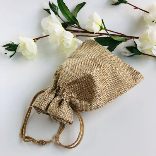 Beige Draw String Pouch, Gift Bag Jute Linen Fabric 13x9cm, 5pcs