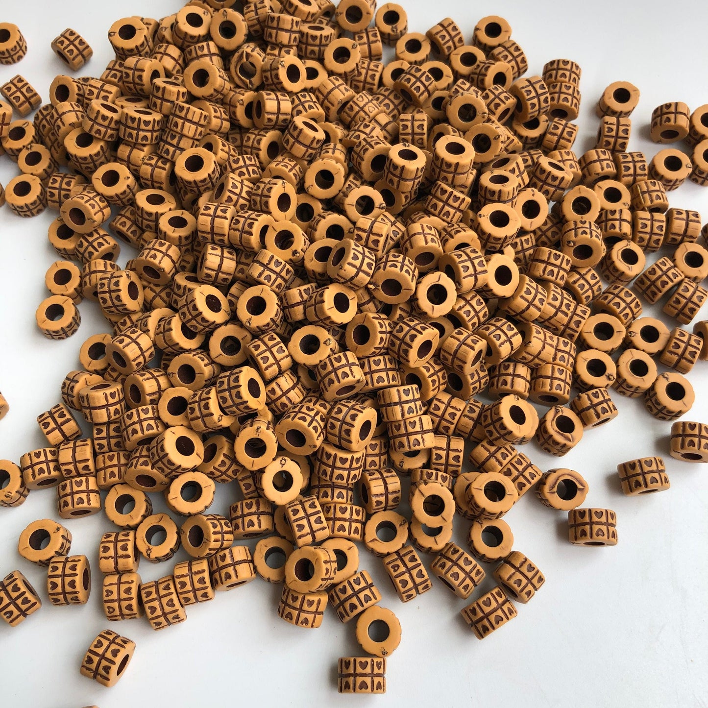 Tan Brown Plastic Beads 8x6mm Tube Love Heart Pattern Craft Bead 100 Pieces