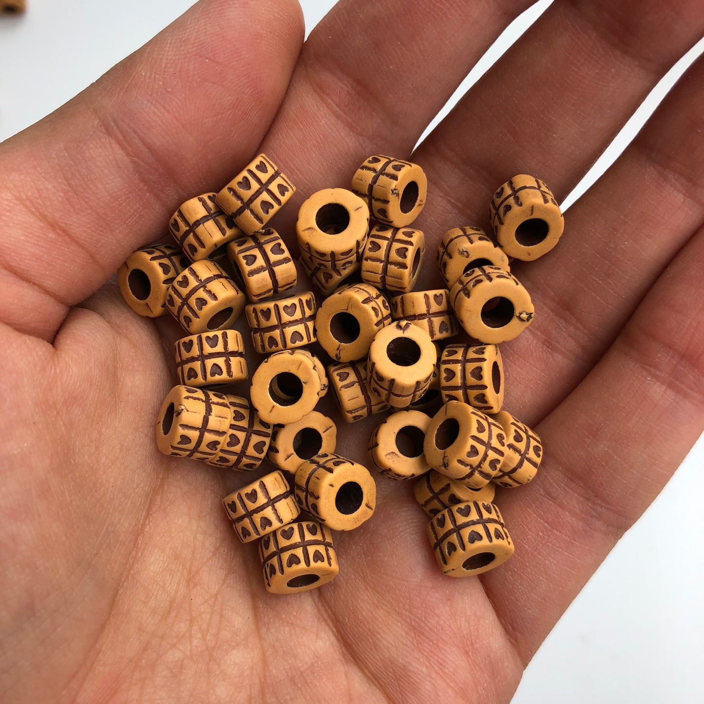 Tan Brown Plastic Beads 8x6mm Tube Love Heart Pattern Craft Bead 100 Pieces