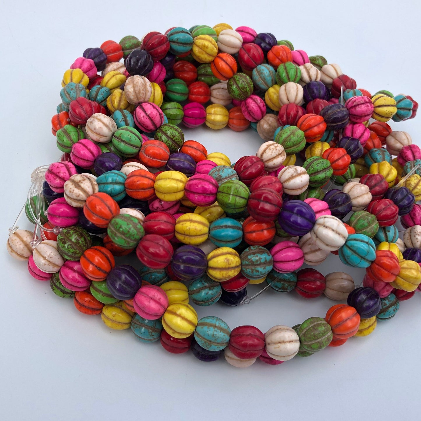 40 pieces Mixed Multi Colour Corrugated Gemstone Beads 10mm Round Pumpkin Shape Bead 40cm Strand