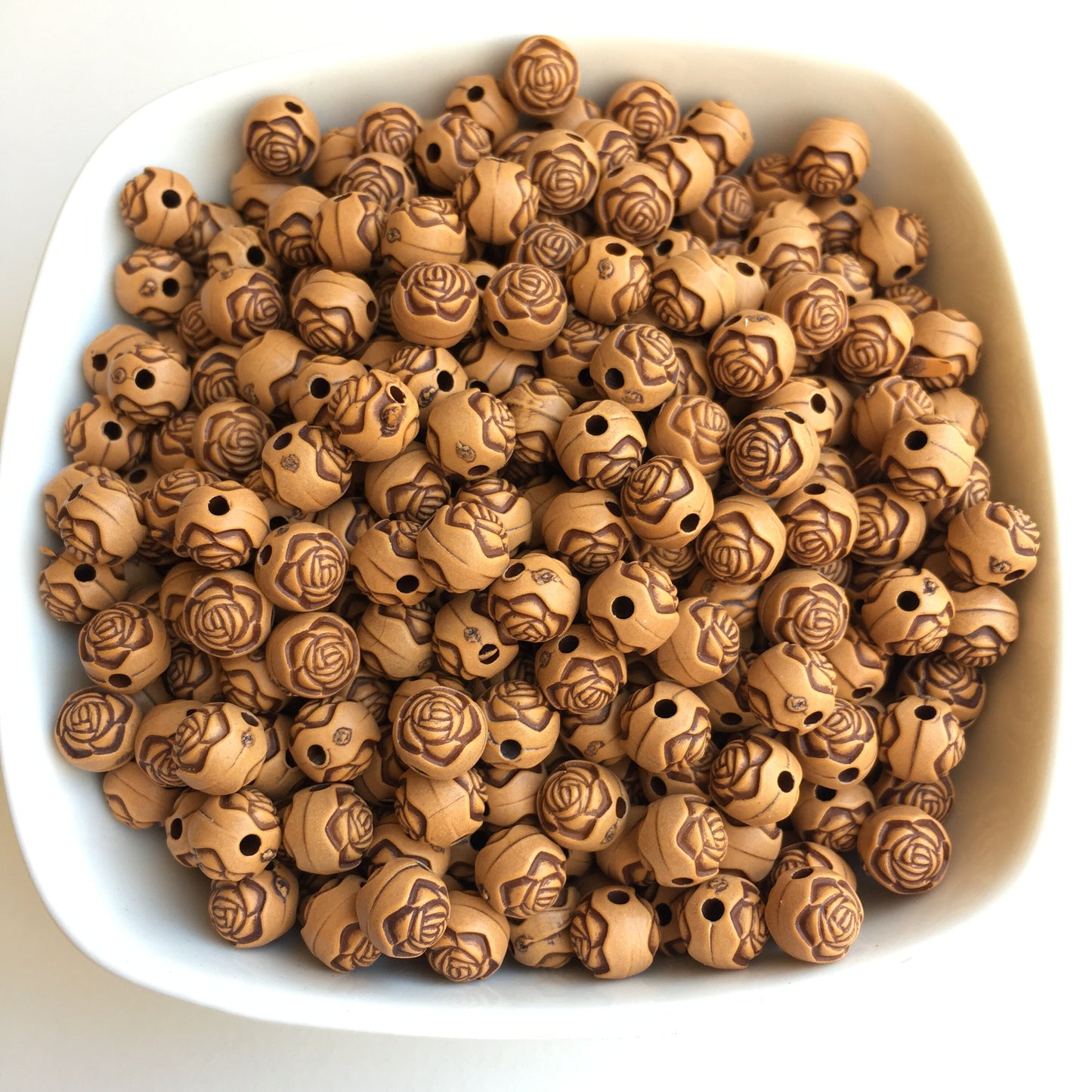 Tan Brown Plastic Floral Beads 8mm Round Flower Pattern Craft Bead 100 Pieces