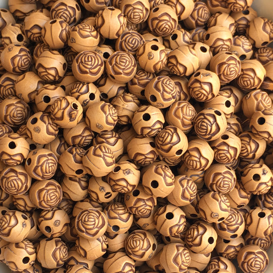 Tan Brown Plastic Floral Beads 8mm Round Flower Pattern Craft Bead 100 Pieces