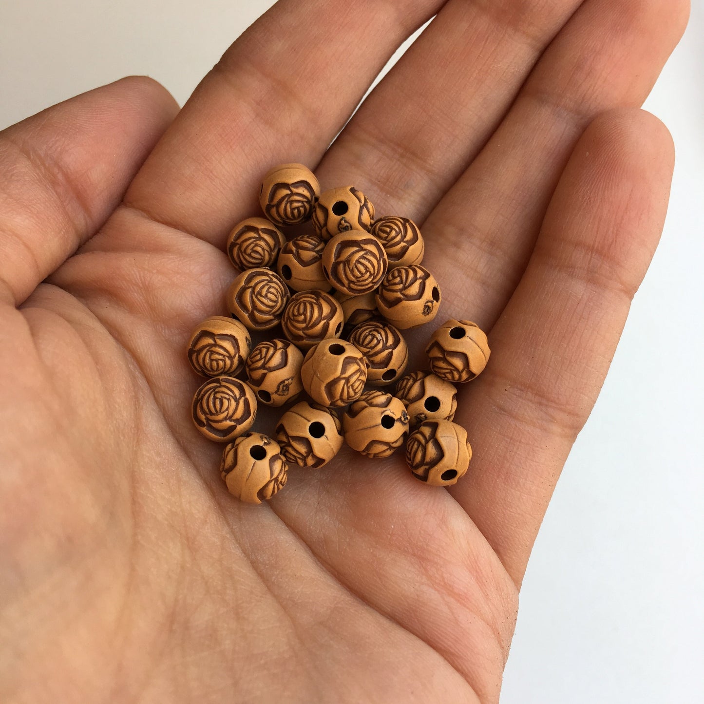 Tan Brown Plastic Floral Beads 8mm Round Flower Pattern Craft Bead 100 Pieces