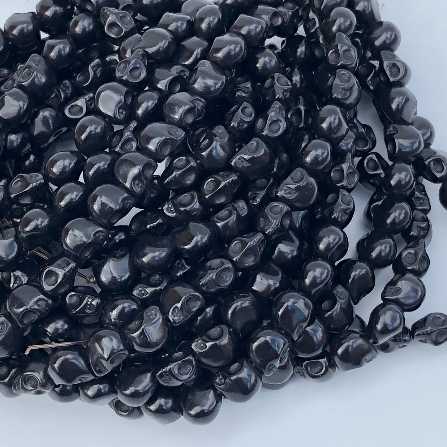 38X Black Stone Skull Beads - 9.5x8.5mm Halloween Gemstone Punk Bead 38cm Strand