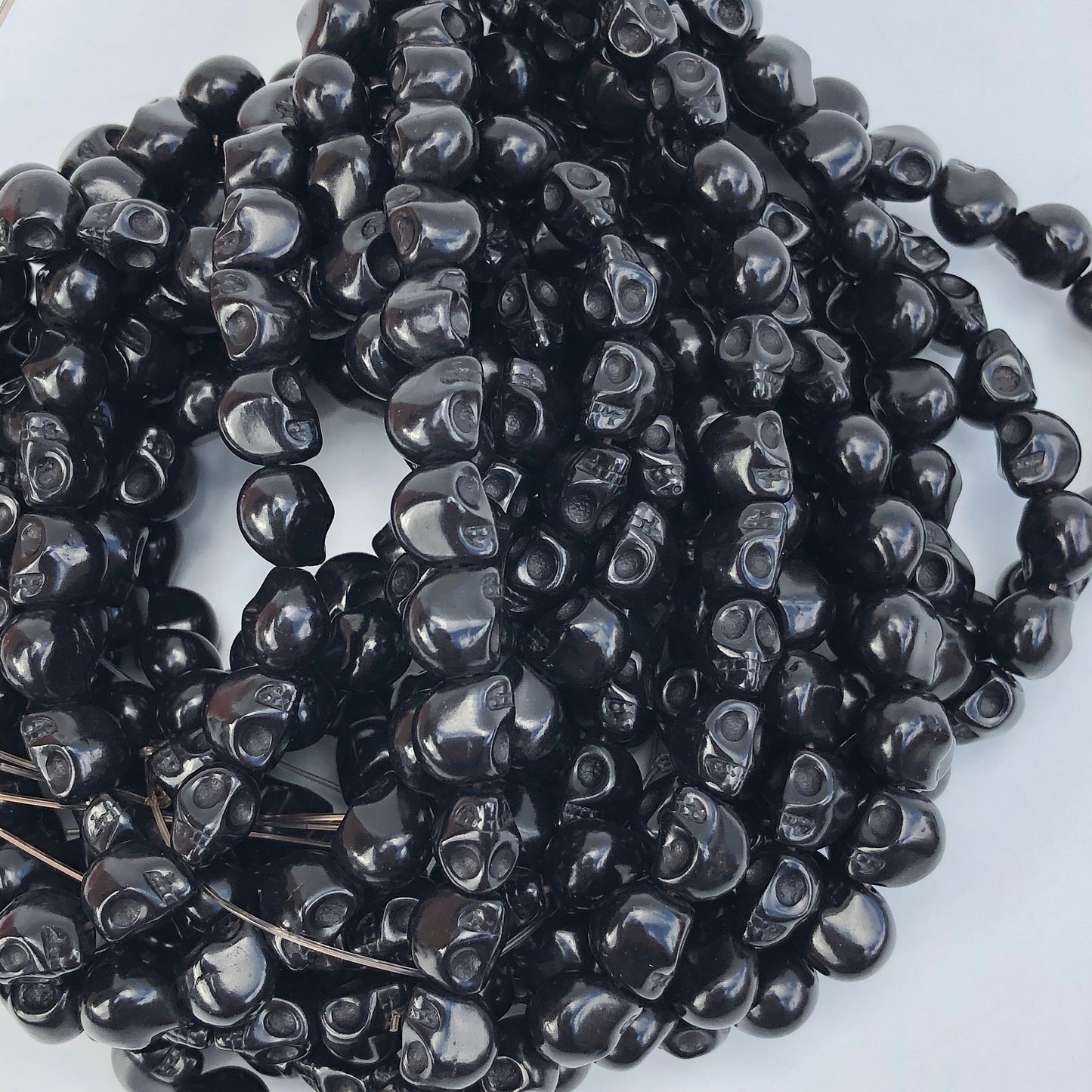 38X Black Stone Skull Beads - 9.5x8.5mm Halloween Gemstone Punk Bead 38cm Strand
