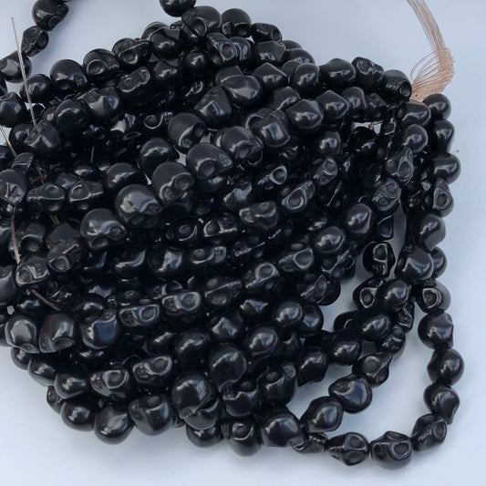38X Black Stone Skull Beads - 9.5x8.5mm Halloween Gemstone Punk Bead 38cm Strand