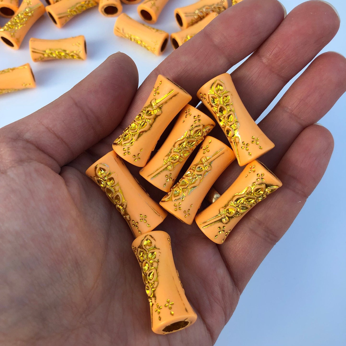 Orange Macrame Beads 28x13mm Tube Shape Plastic Floral Pattern Bead 10 Pieces