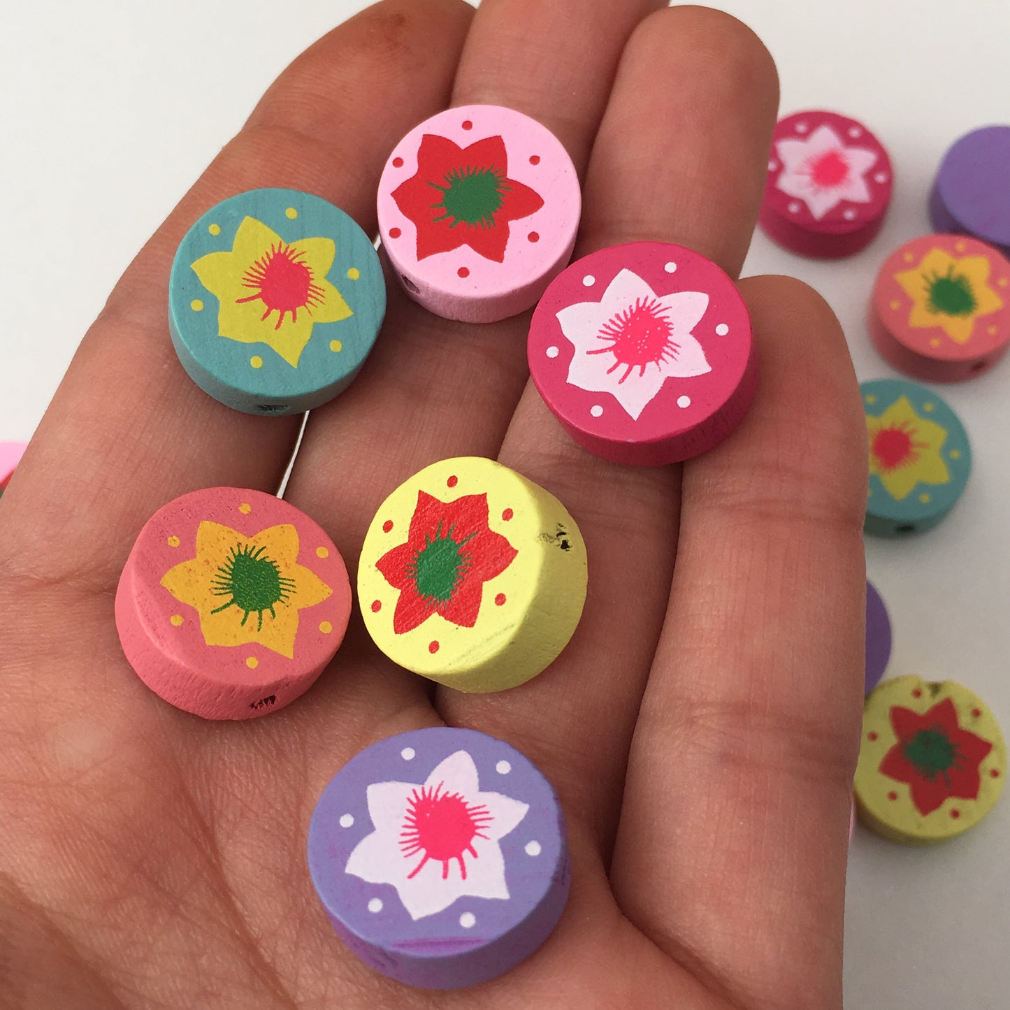 Round Painted Flower Bead, Floral Multi Colour Pastel Assorted Wooden Beads, 25 Pieces DIY Wood 16mm Beading Craft