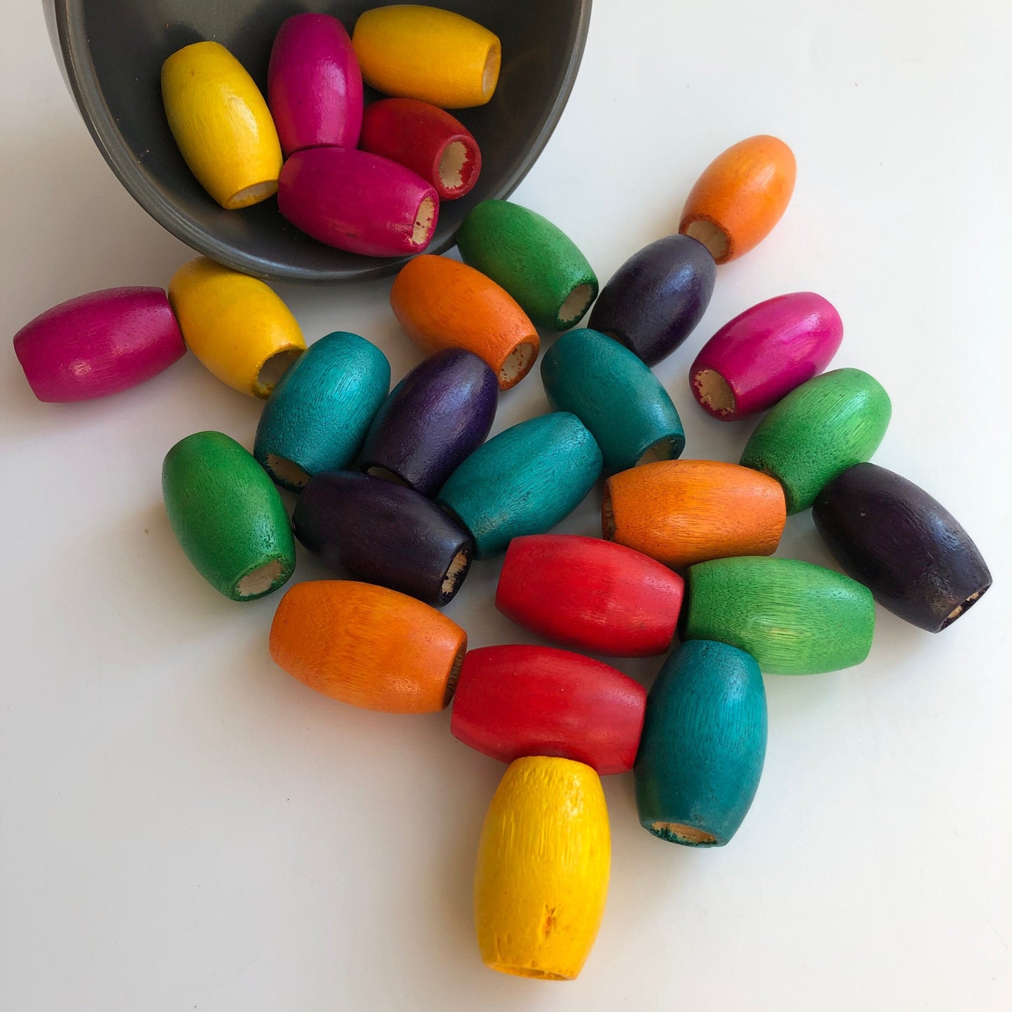 Big macrame beads, 30x20mm mixed rainbow colour large 10mm hole wood beads, big hole beads, Chunky oval drum shape macrame beads