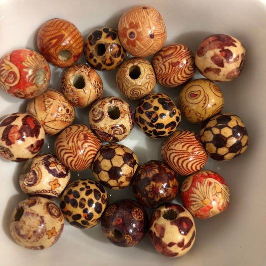 16mm Round Wood Bead - Tribal Pattern Multi colour Wooden Beads - 25 Pieces Mixed Color Large Bohemian Pattern Macrame DIY Craft Bead