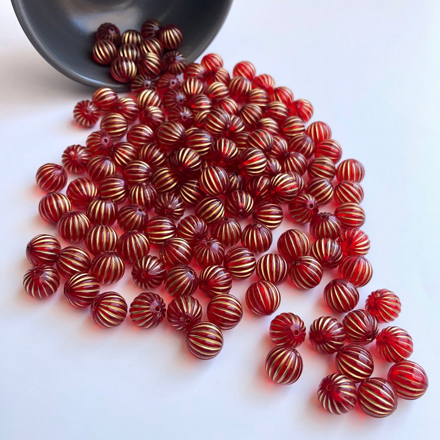 12mm Round Frosted Bead, Red Gold Stripe Beads, Fire Red Corrugated Pumpkin Bead, Jewellery Making Beading Crafts - 20pcs