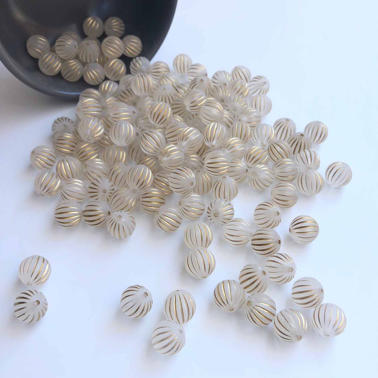12mm Round Frosted Bead, Clear Gold Stripe Beads, White Corrugated Pumpkin Bead, Jewellery Making Beading Crafts - 20pcs