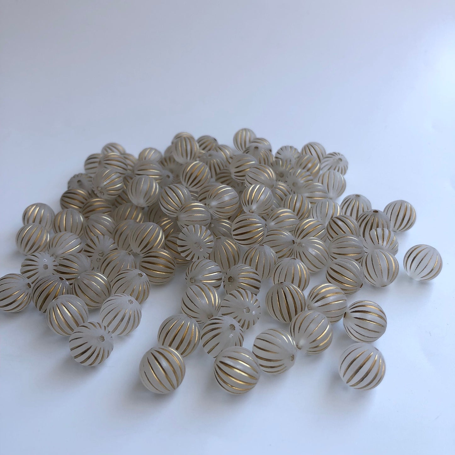 12mm Round Frosted Bead, Clear Gold Stripe Beads, White Corrugated Pumpkin Bead, Jewellery Making Beading Crafts - 20pcs