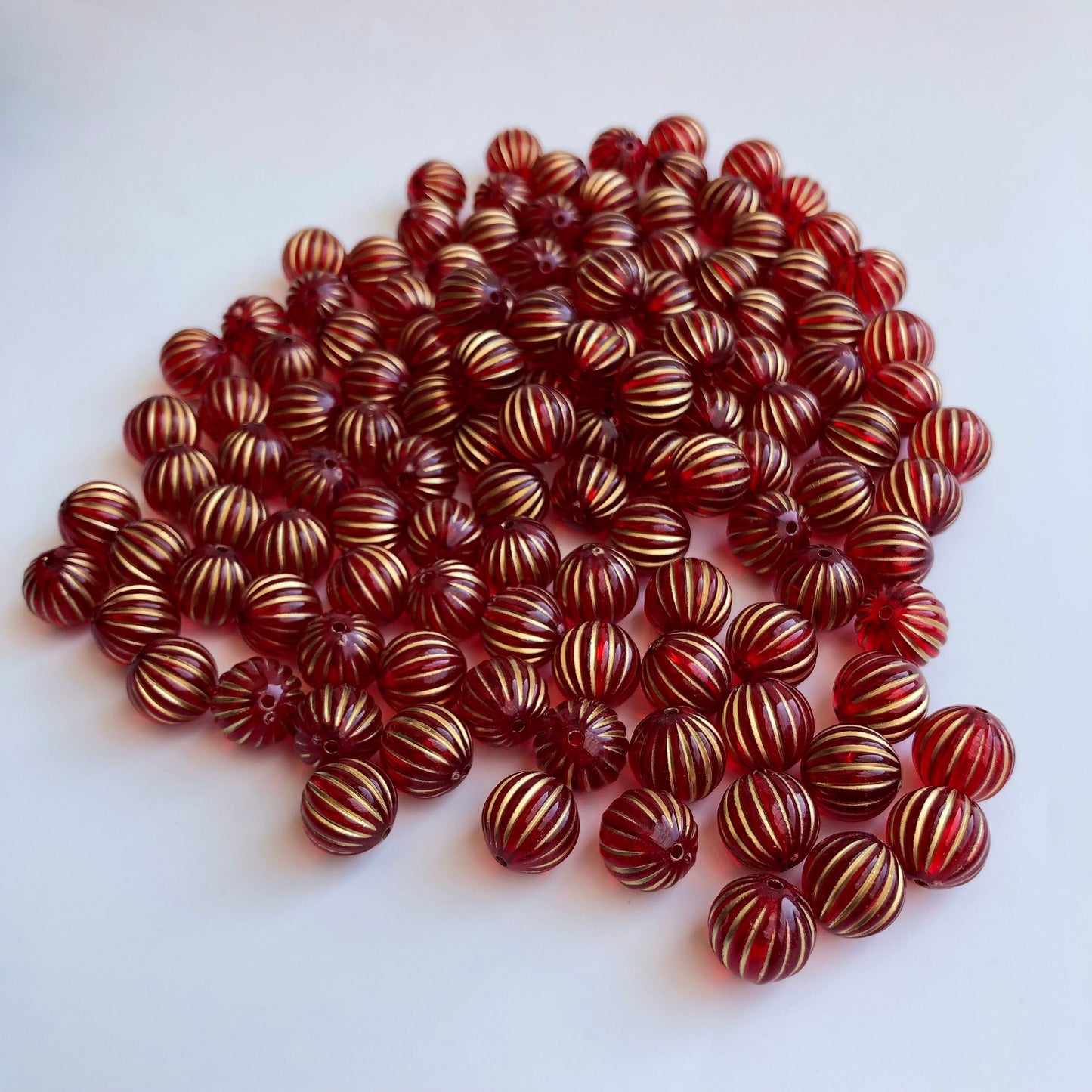 12mm Round Frosted Bead, Red Gold Stripe Beads, Fire Red Corrugated Pumpkin Bead, Jewellery Making Beading Crafts - 20pcs