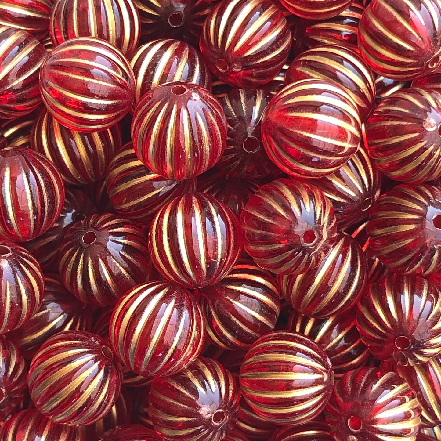12mm Round Frosted Bead, Red Gold Stripe Beads, Fire Red Corrugated Pumpkin Bead, Jewellery Making Beading Crafts - 20pcs