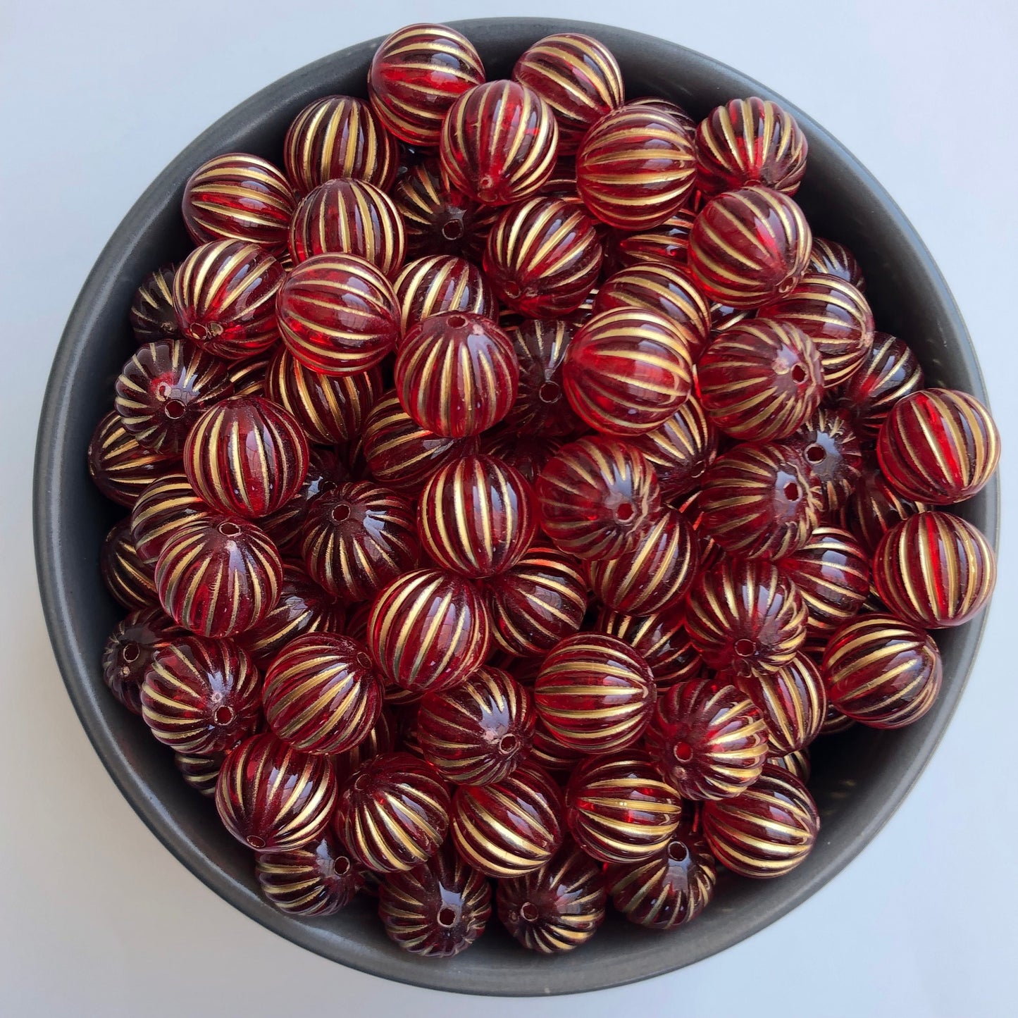 12mm Round Frosted Bead, Red Gold Stripe Beads, Fire Red Corrugated Pumpkin Bead, Jewellery Making Beading Crafts - 20pcs