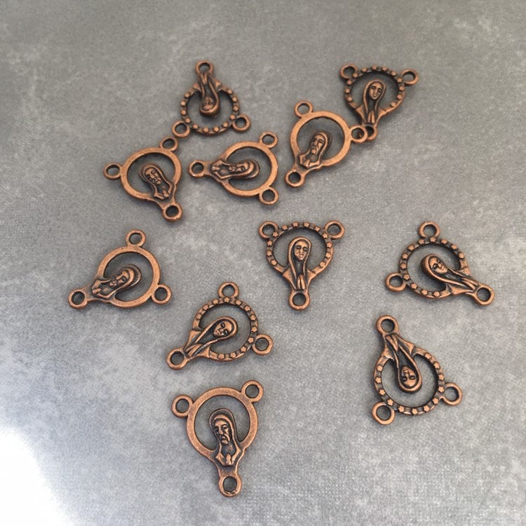 Rosary Charms 5X Pieces Antique Copper Metal Pendant Charms Virgin Mary Jesus Christ Pendants - 15x12mm Tri-Pendant