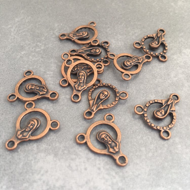 Rosary Charms 5X Pieces Antique Copper Metal Pendant Charms Virgin Mary Jesus Christ Pendants - 15x12mm Tri-Pendant