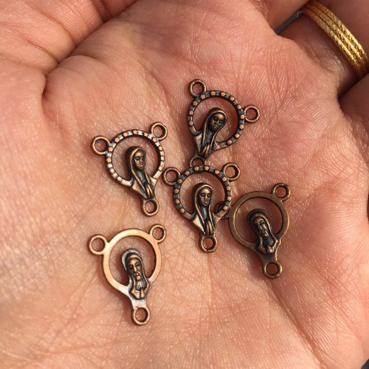 Rosary Charms 5X Pieces Antique Copper Metal Pendant Charms Virgin Mary Jesus Christ Pendants - 15x12mm Tri-Pendant