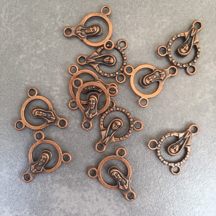 Rosary Charms 5X Pieces Antique Copper Metal Pendant Charms Virgin Mary Jesus Christ Pendants - 15x12mm Tri-Pendant