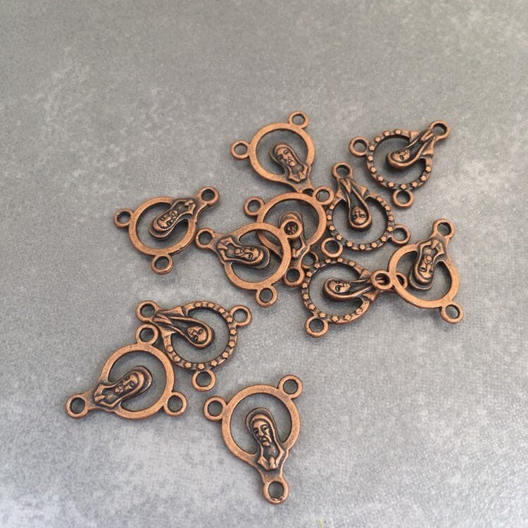 Rosary Charms 5X Pieces Antique Copper Metal Pendant Charms Virgin Mary Jesus Christ Pendants - 15x12mm Tri-Pendant